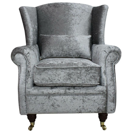 Wing Chair Fireside High Back Armchair Shimmer Silver Velvet Fabric