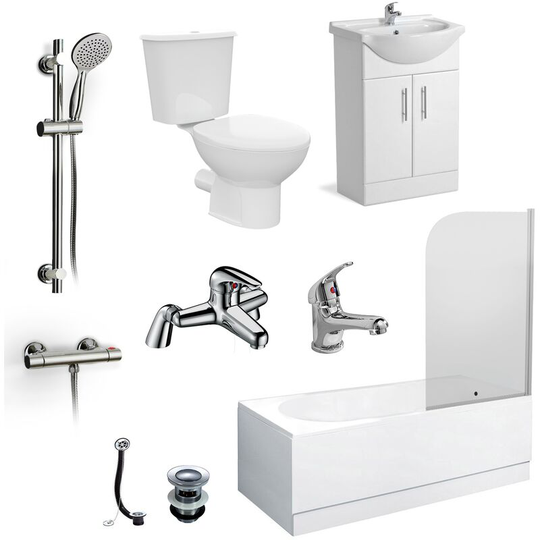 Senore 1700mm Bath, Flat Pack Basin Vainty , Close Coupled Toilet, Shower Slider Raill Kit, Bath and Mono Mixer & Wastes White