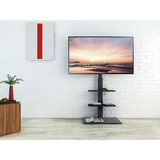 Ultan Black Swivel Floor Stand Mount with Shelving, Holds up to 40 kg.