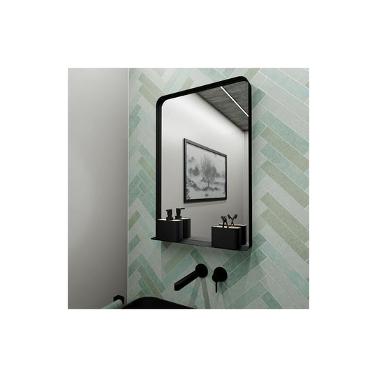 Modern Wall Mounted Bathroom Mirror Curved Vanity Shelf Matt Black 500 x 750mm - Black