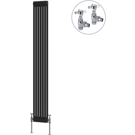 Black Traditional Cast Iron Style Radiator with Chrome Angled Cross Head Manual Valves Vertical 2 Column 1800x290mm