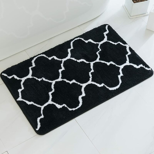 Perlerare - Rectangular Bathroom Mat Moroccan Pattern Shower Entrance Mat Non-Slip Soft Comfort Fluffy Microfiber Rug 50x80CM Black