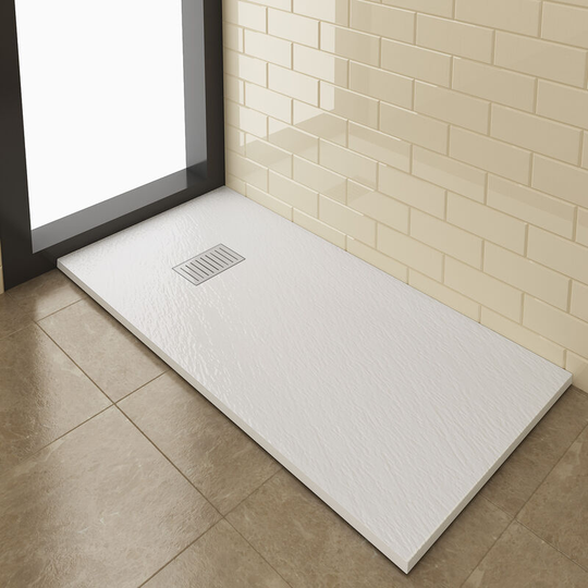 White Slate Effect Shower Tray 1400x700mm Square Shower Enclosure Base with Waste Trap and Stainless Steel Drain Cover b - Elegant
