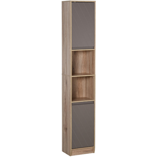HOMCOM 170cm Freestanding Storage Cabinet Slimline Unit w/ 2 Cupboards 2 Shelves - Grey, Oak Color