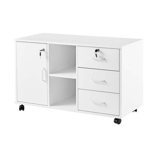 Office File Cabinet, Wooden Lockable 3 Drawer Lateral Filing Cabinet with Open Storage Shelves, 1 Closed Storage and 5 Rolling Wheels, White