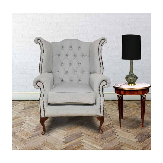Chesterfield Fabric Queen Anne High Back Wing Chair Duck Egg Blue
