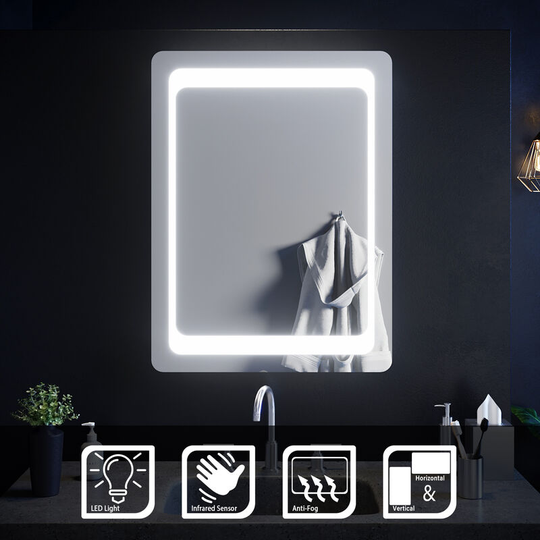 ELEGANT Horizontal Vertical Mirror Illuminated LED Bathroom Mirror Simple Style 800 x 600mm + Demister and Sensor