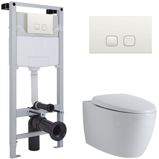 Milano - Altham - White Ceramic Modern Bathroom Wall Hung Round Rimless Toilet wc with Tall Frame Cistern and Square White Flush Plate