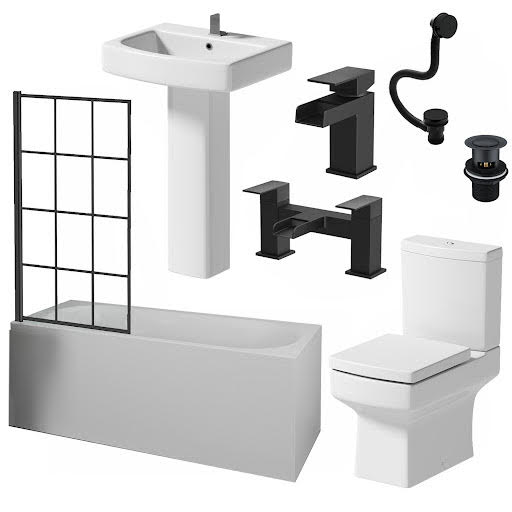 Affine Royan Black Bathroom Suite with Single Ended Shower Bath 1700 & Full Pedestal Basin
