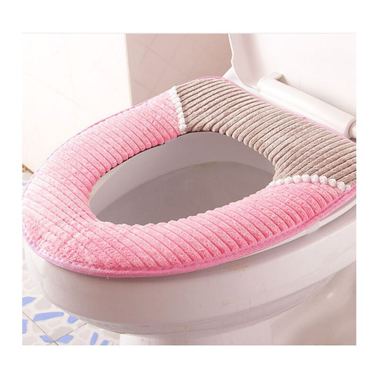 Corduroy toilet pad, warm in autumn and winter, pu waterproof toilet cover, plush thickened, button on striped toilet pad (pink)