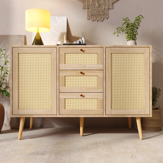 Modern Natural Rattan Cabinet With 2 Doors & 3 Drawers