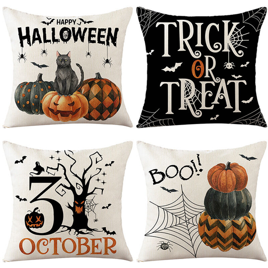 Halloween Cushion Covers, Halloween Decor 18' x 18' Pillowcase Set of 4 Trick or Treat Happy Halloween Linen Sofa Bed Throw Cushion Cover Decoration