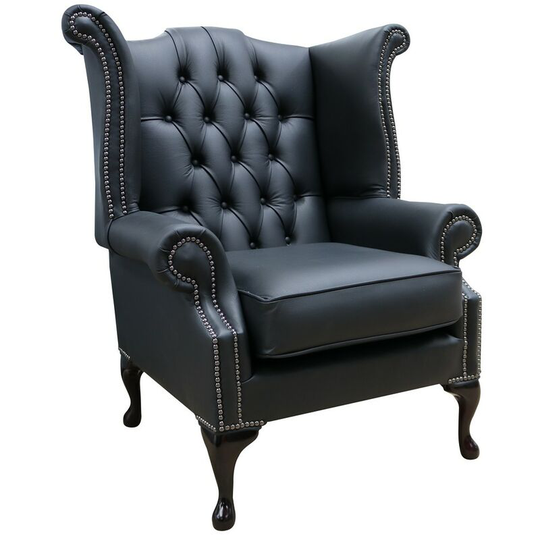 Chesterfield Black Leather Wing Chair