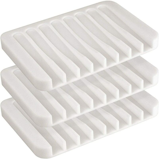 Set of 3 silicone soap dishes with auto drain, bathroom soap dish for shower, bathroom, kitchen or travel, white