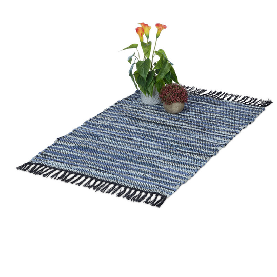 Relaxdays - Boho Runner Rug, Cotton and Leather, Non-Slip, Hand-Woven, with Tassels, for Living Area, 60x100 cm, Blue
