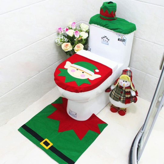 3pcs Christmas Party Toilet Seat Cover Floor Mat Tank Tissue Box Cover Set For Xmas Bathroom Decoration c