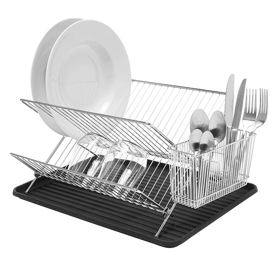 Folding Dish Drainer Plate Drying Rack With Cutlery Holder - Chrome