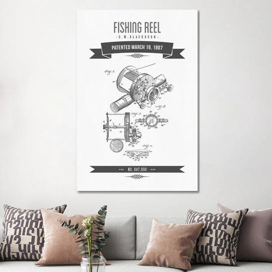 G.W. Blackburn Fishing Reel Patent Sketch Retro (Charcoal) by Aged Pixel - Wrapped Canvas Art Prints