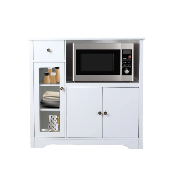 White Sideboard Kitchen, Microwave Storage Cabinet With Doors, Wooden Cabinets Unit 90 X 40 X 85 Cm