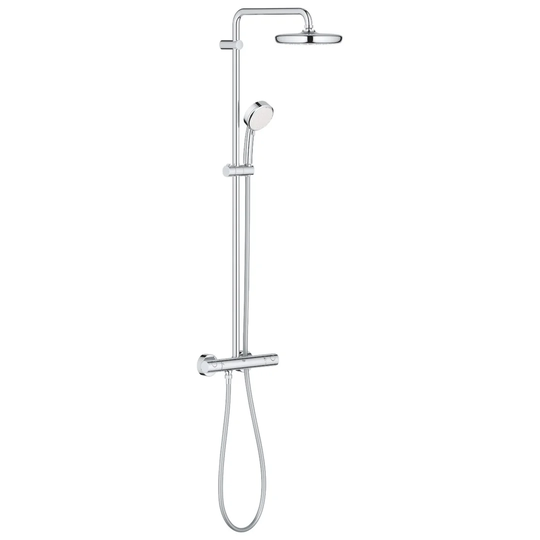 GROHE Tempesta Cosmopolitan 210 Shower System with thermostat, 210mm head shower and 100mm two-spray hand shower in chrome. Easy to fit and clean. Ger