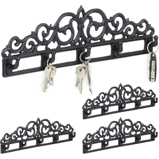 Relaxdays - Set of 4 Cast Iron Wall Coat Racks, 5 Hooks, Antique Cottage-Style, for Keys, HxWxD: 13.5 x 42 x 4 cm, Black