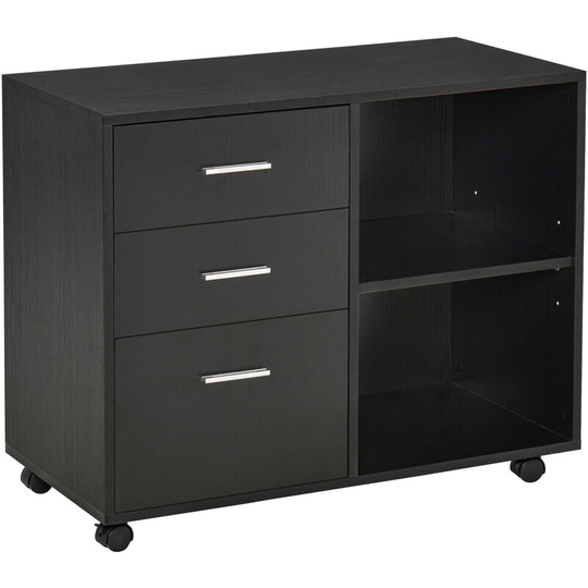 Freestanding Storage Cabinet w/ 3 Drawers 2 Shelves 4 Wheels Office Black - Black - Homcom