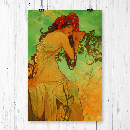 Lady with Red Flowers in her Hair' by Alphonse Mucha Graphic Art