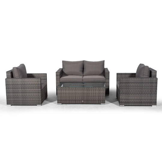 Villatoro Grey Rattan 2 Seat Sofa + 2 X Armchairs & Ice Bucket Rectangle Coffee Table, Outdoor Patio Garden Furniture