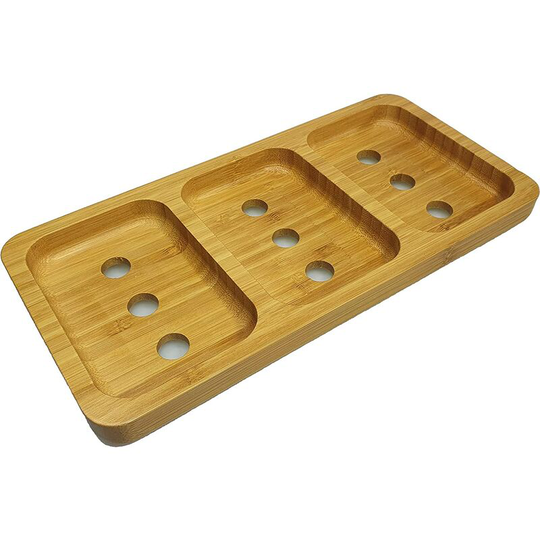 Perlerare - Stylish 3-compartment natural bamboo soap dish for bathroom/shower/kitchen with bottom drain and airflow