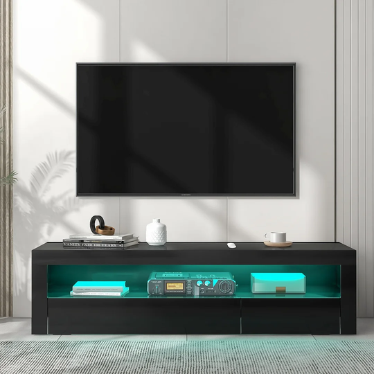Tv Stand With Led Light, Modern High Gloss Tv Stand Cabinet Unit With 2 Doors 16 Colors&remote Control Led Light For Living Room Bedroom With Ample St