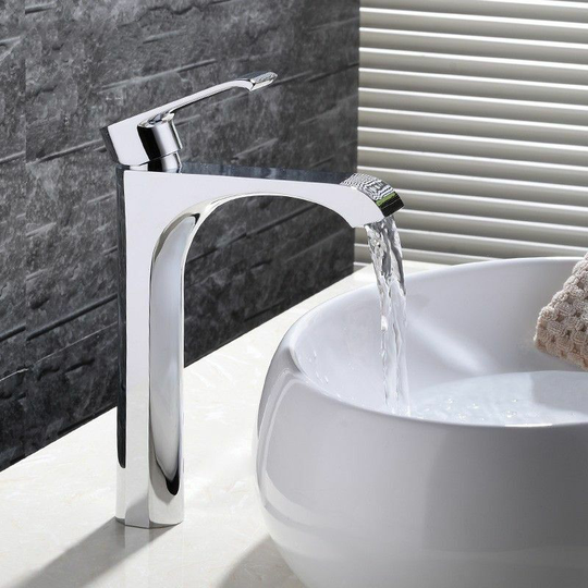Contemporary high sink faucet in solid brass and polished chrome