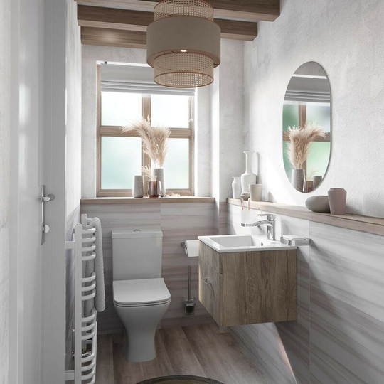 Lea oak wall hung vanity unit 420mm and Derwent square close coupled toilet suite - Oak - Orchard