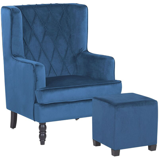 Beliani - Classic Armchair with Footstool Velvet Fabric Wooden Legs Blue Sandset - Blue