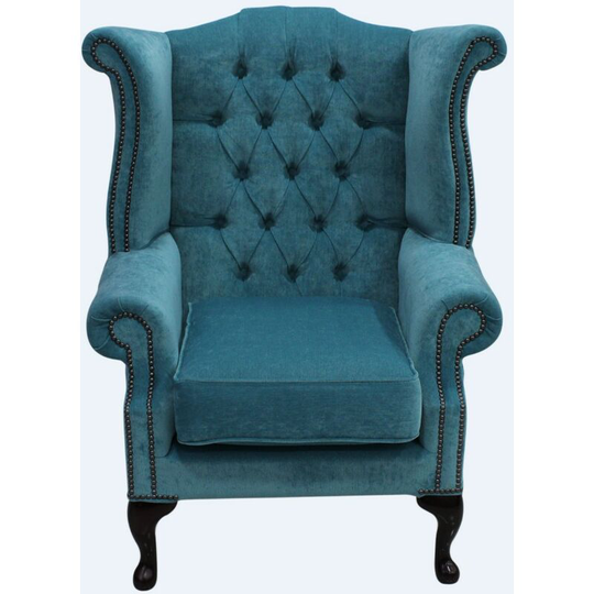 Teal Blue Velvet Chesterfield Queen Anne High Back chair Designersofas4u