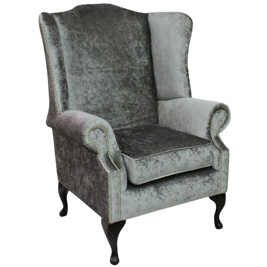 Chesterfield Prince's Saxon Flat Wing Queen Anne High Back Wing Chair Shimmer Silver Velvet