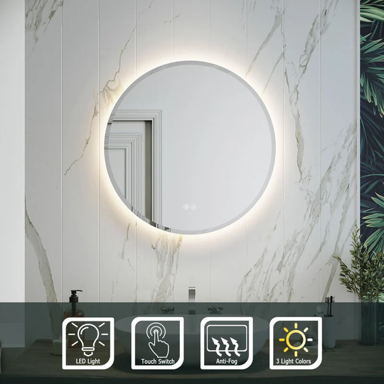 Elegant - Modern Round Bathroom Mirror Illuminated led Backlit Makeup Mirror with Sensor Touch Switch, Demester Pad Smart 3 Lighting Modes 600 x 600