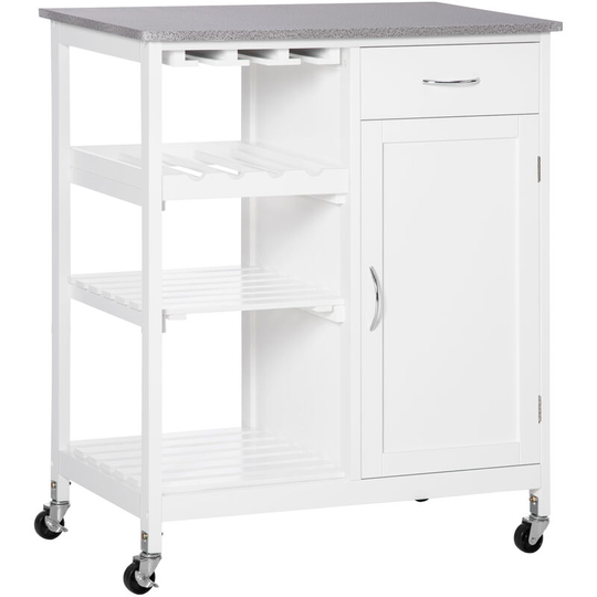 Kitchen Trolley Utility Cart w/ Wheel Wine Rack Open Shelf and Cabinet - White - Homcom