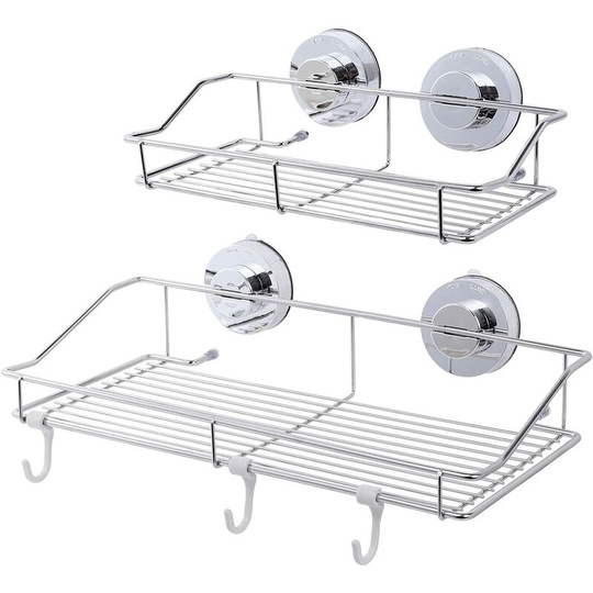 Shower Shelf with Strong Suction Cup Shower Basket Wall Mounted No Drilling Stainless Steel Storage Shelf Accessories for Bathroom and Kitchen