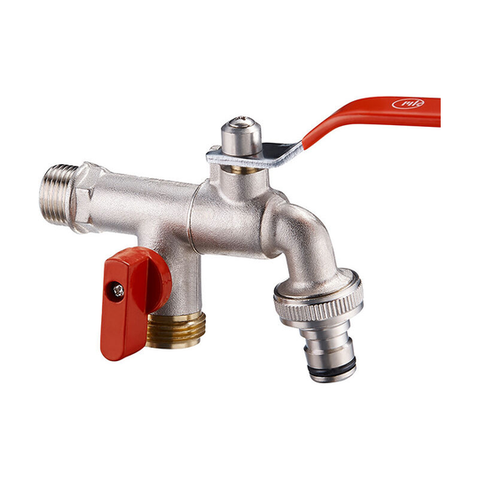 Double garden faucet, roller sealing tape, double fitting and garden hose tip, rain tank, washing machine