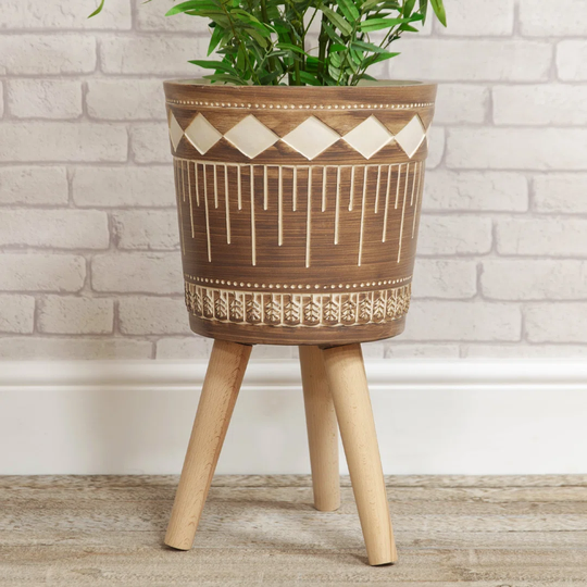 Ornate Fibre Clay Planter Brown With Wooden Legs Large