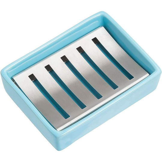 Perlerare - Soap Dish, Soap Box Ceramic SUS304 Stainless Steel Soap Holder for Barthroom Shower Double Layer Draining (Blue)