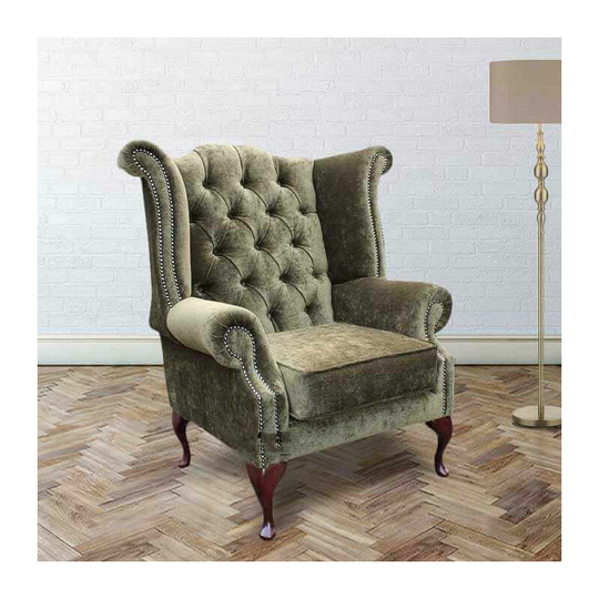 Chesterfield Fabric Queen Anne High Back Wing Chair Moss Green