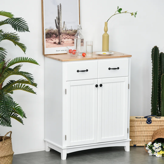 Highland Dunes Kitchen Cabinet Sideboard With 2 Drawers, Chest Of Drawers Adjustable Shelves, Storage Cabinet, Wood, White, 74 X 40 X 91,5Cm