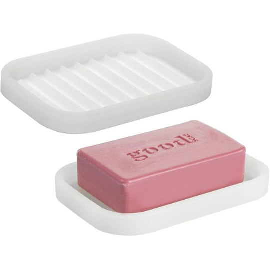 Small Silicone Kitchen Sink Soap Dish for Kitchen Counter, Bathroom Pedestal - Store Soap, Sponges, Washer Dryer - Pack of 2 - Clear / White