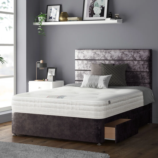 Kiara Stripped Floor Standing Headboard With Divan Base 2 Drawers On Left Crush Velvet Amethyst With And Metal Feet (Single)