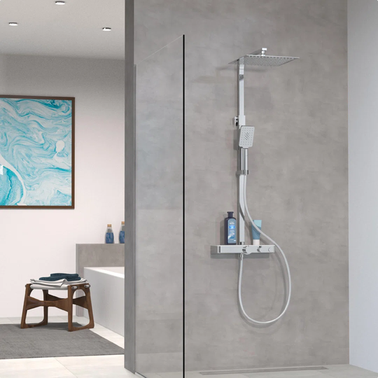 Duschsystem OCEAN, Edelstahl Regendusche mit Thermostat und Ablage, Duschbrause