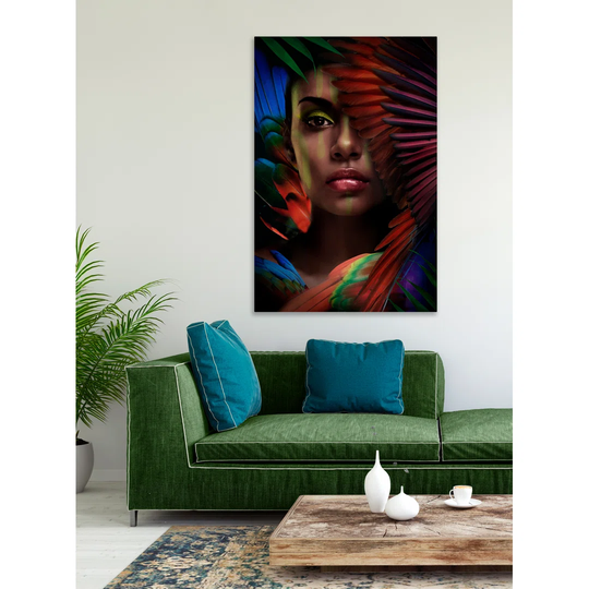 Dark Beauty with Feathers - Unframed Photograph on Glass