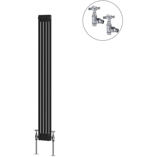 Traditional Rad Cast Iron Style Radiator Black + Chrome Angled Traditional Radiator Manual Valves 1500x200mm Vertical Double Column