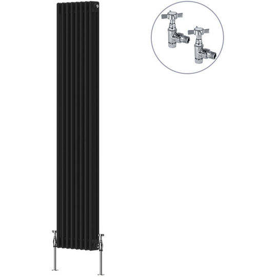 NRG - Traditional Rad Cast Iron Style Radiator Black + Chrome Angled Traditional Radiator Manual Valves 1800x380mm Vertical Triple Column
