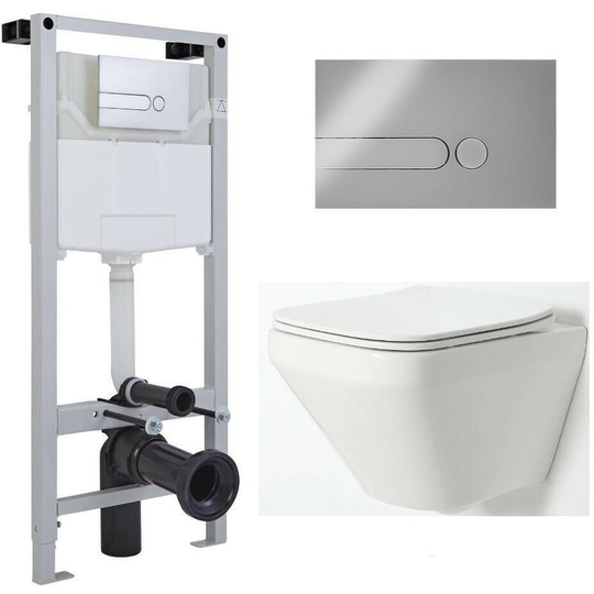 Milano - Farington - White Ceramic Modern Bathroom Wall Hung Rimless Toilet with Tall Wall Frame, Cistern and Chrome Square Dot Flush Plate